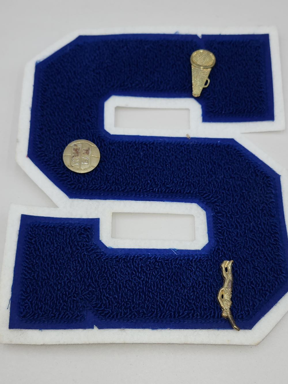 Large 8.5" Navy Blue Letter S Chenille Letterman Varsity Patch W/ Pins White